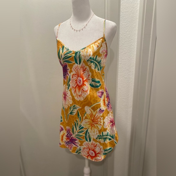 VTG Romantic Moods 90s Y2K Yellow Tropical Floral Cami Slip Mini Dress - L - Picture 3 of 15